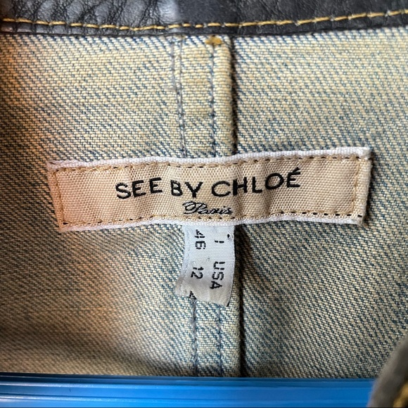 See by Chloe Distressed Military Leather Trim Jean Jacket - Picture 7 of 7